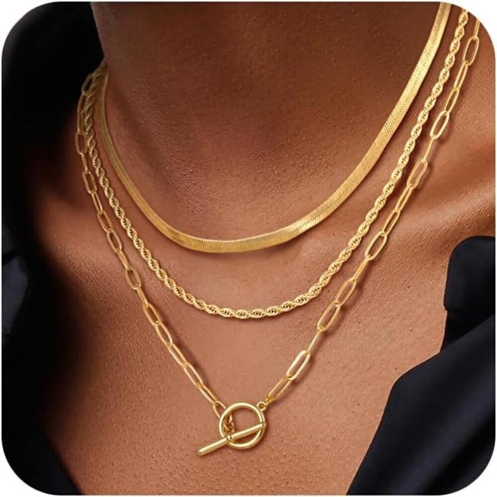 🆕 Women Gold Toggle Clasp Necklace 14K Stack T-Bar Herringbone Chain Jewelry